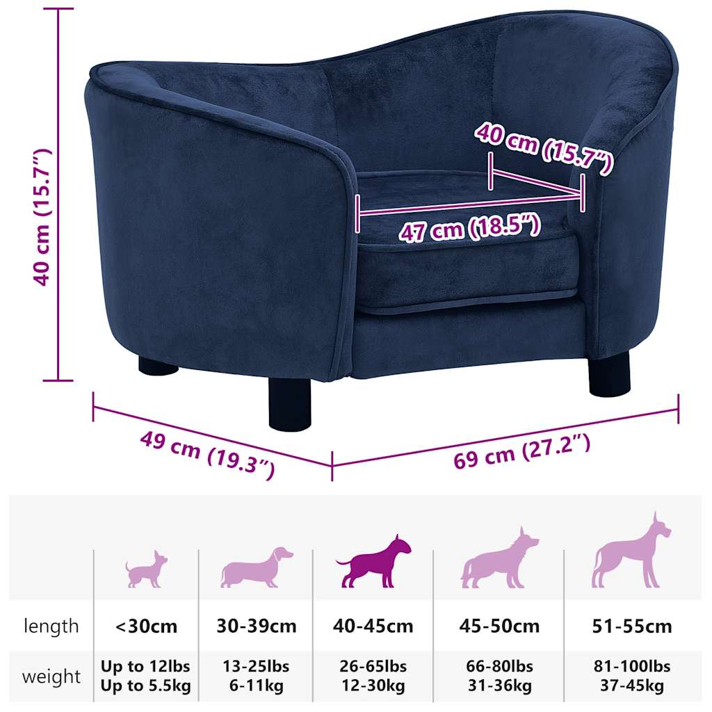 Hondenbank 69x49x40 cm pluche blauw