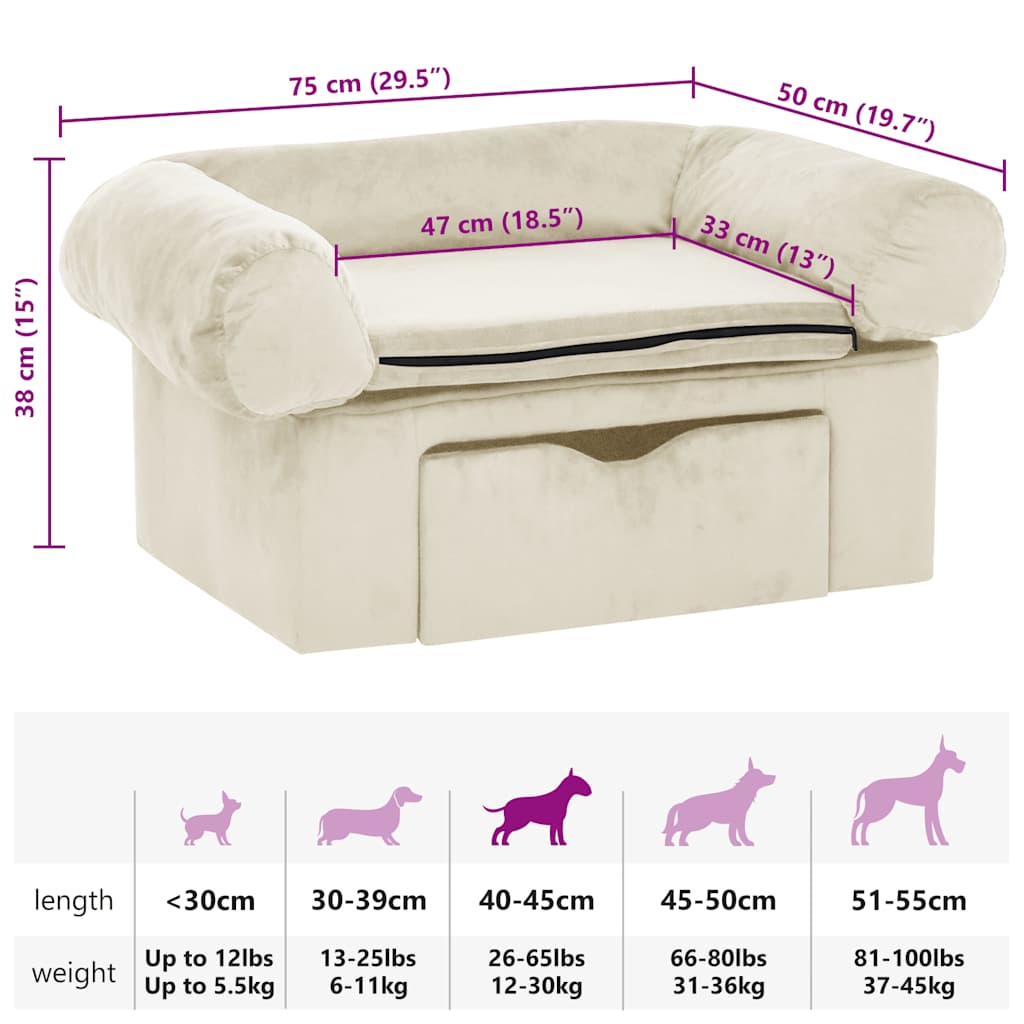 Hondenbank met lade 75x50x38 cm pluche crèmekleurig