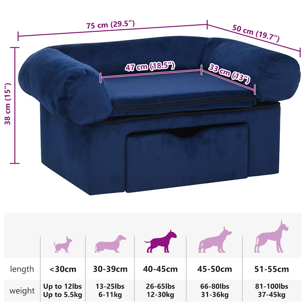 Hondenbank met lade 75x50x38 cm pluche blauw